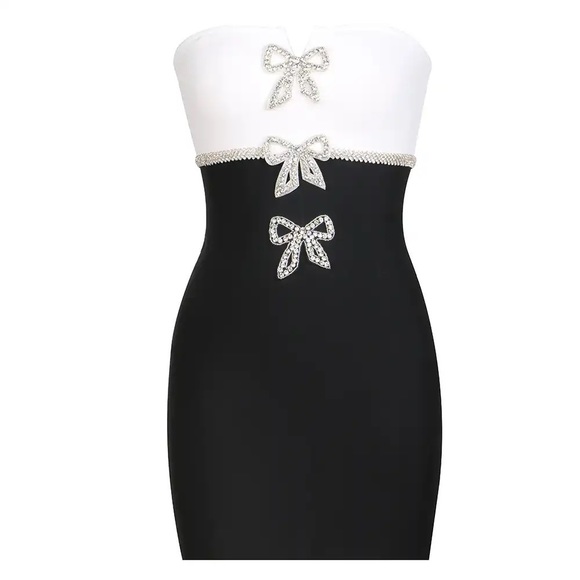 Lena Vie Crystal Bow Black And White Bandage Dress With Bow Crystal Appliqués - Picture 4 of 9